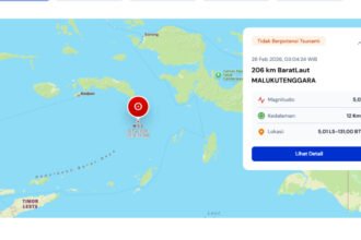Gempa bumi magnitudo 5,0 terjadi di barat laut Maluku Tenggara dan dipastikan tidak berpotensi tsunami.