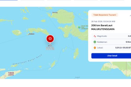 Gempa bumi magnitudo 5,0 terjadi di barat laut Maluku Tenggara dan dipastikan tidak berpotensi tsunami.