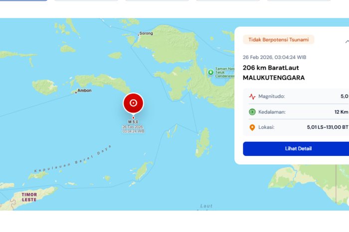 Gempa bumi magnitudo 5,0 terjadi di barat laut Maluku Tenggara dan dipastikan tidak berpotensi tsunami.