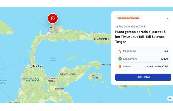 Gempa bumi magnitudo 5,6 mengguncang wilayah timur laut Toli-Toli, Sulawesi Tengah, Sabtu siang.