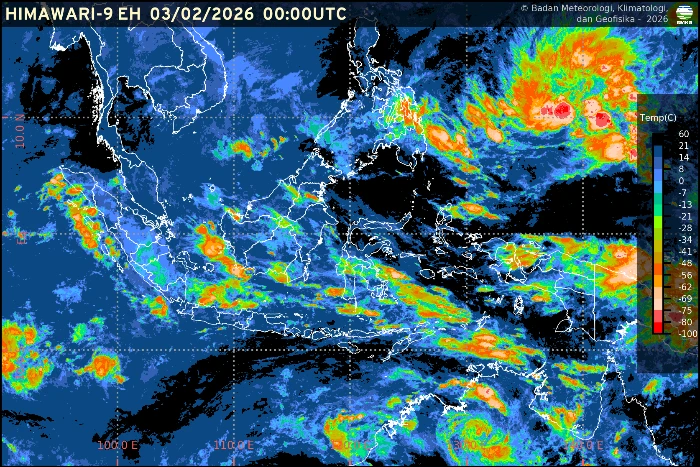 BMKG memetakan potensi hujan ringan hingga petir di hampir seluruh ibu kota provinsi Indonesia pada Selasa, 3 Februari 2026.