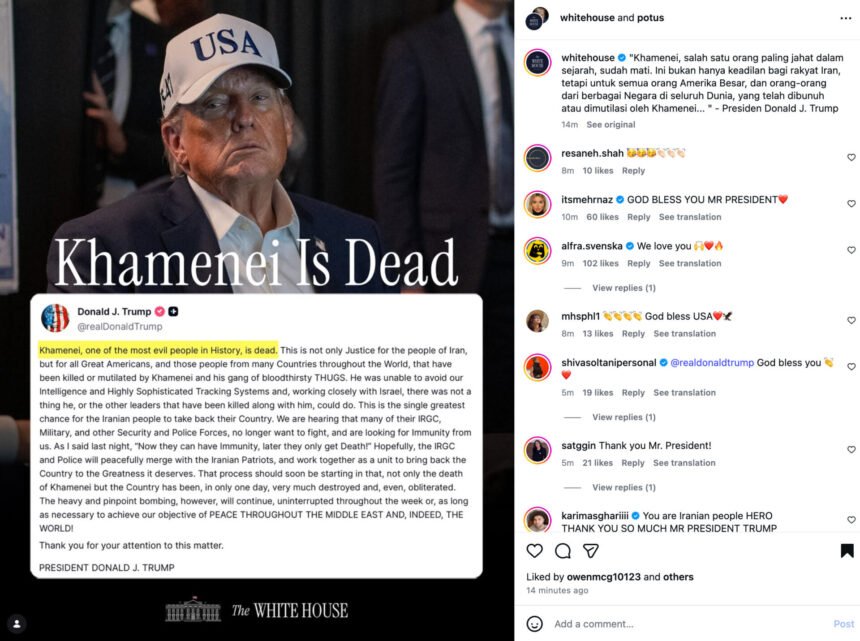 Trump Umumkan Khamenei Tewas, Sebut ‘Salah Satu Orang Paling Jahat dalam Sejarah'