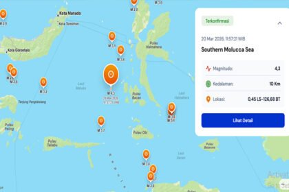 Rentetan gempa bumi magnitudo 4,3 hingga 4,58 mengguncang Laut Maluku Selatan dalam waktu berdekatan.