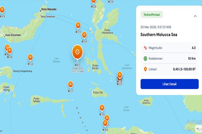 Rentetan gempa bumi magnitudo 4,3 hingga 4,58 mengguncang Laut Maluku Selatan dalam waktu berdekatan.