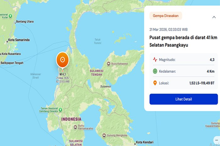 Gempa magnitudo 4,3 mengguncang Pasangkayu pada dini hari, getaran terasa hingga skala III MMI.