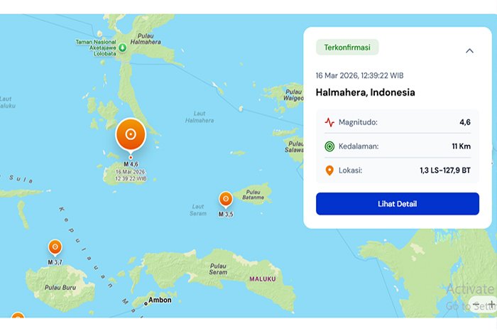 Gempa magnitudo 4,6 mengguncang Halmahera, Maluku Utara, Senin siang (16/3/2026) dengan kedalaman dangkal menurut pemantauan BMKG.