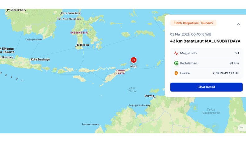 Gempa bumi magnitudo 5,1 mengguncang barat laut Maluku Barat Daya pada Selasa dini hari dan dipastikan tidak berpotensi tsunami.