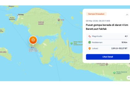 Gempa magnitudo 4,1 mengguncang wilayah Fakfak, Papua Barat, pada Senin pagi menurut laporan resmi BMKG.
