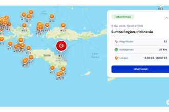Gempa bumi magnitudo 5,1 mengguncang wilayah Sumba, tercatat secara real-time oleh BMKG.