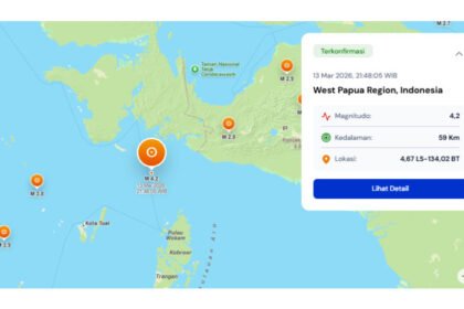 Gempa magnitudo 4,2 mengguncang wilayah Papua Barat pada Jumat malam dengan pusat gempa berada di kedalaman 59 kilometer.