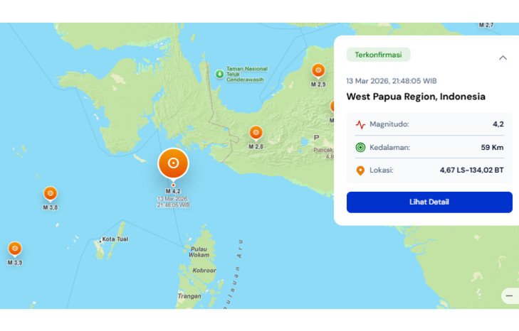 Gempa magnitudo 4,2 mengguncang wilayah Papua Barat pada Jumat malam dengan pusat gempa berada di kedalaman 59 kilometer.