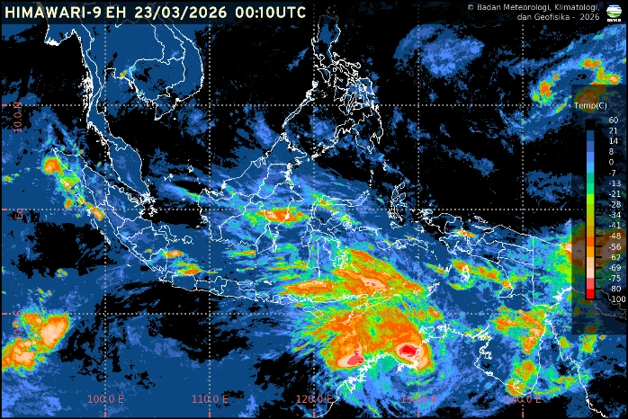 Prakiraan cuaca Indonesia 23 Maret 2026 didominasi hujan ringan hingga sedang di berbagai wilayah.