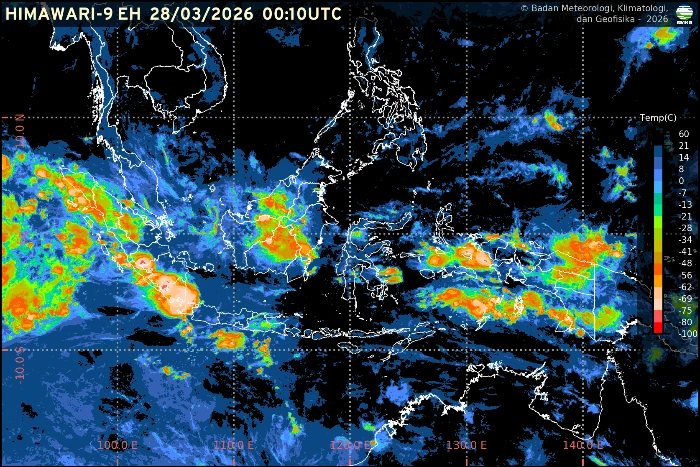 Satelit BMKG menunjukkan sebaran awan tebal dan hujan di ibu kota provinsi seluruh Indonesia, 28 Maret 2026.