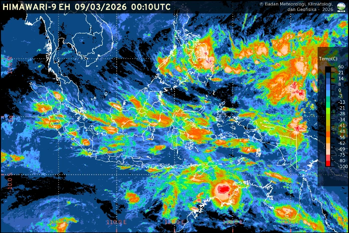 Prakiraan cuaca Indonesia 9 Maret 2026 menunjukkan sebagian besar ibu kota provinsi diprediksi mengalami hujan dengan intensitas ringan hingga sedang.