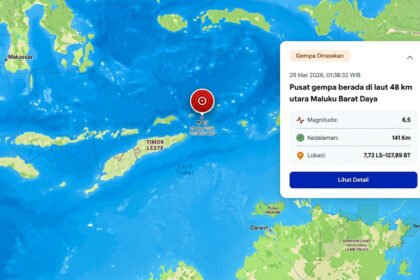 Gempa bumi magnitudo 6,5 mengguncang wilayah laut Maluku Barat Daya, getaran terasa kuat hingga Tiakur.