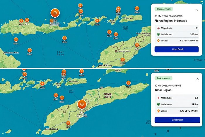 Dua gempa magnitudo 3 mengguncang Flores dan Timor dalam waktu berdekatan pada pagi hari.