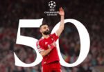 Mohamed Salah merayakan gol ke-50 di Liga Champions saat Liverpool menghancurkan Galatasaray 4-0.