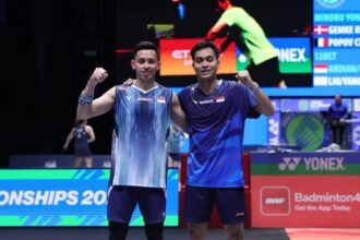 Rian Ardianto dan Rahmat Hidayat tampil dominan saat menyingkirkan pasangan Chinese Taipei di babak 32 besar All England 2026.