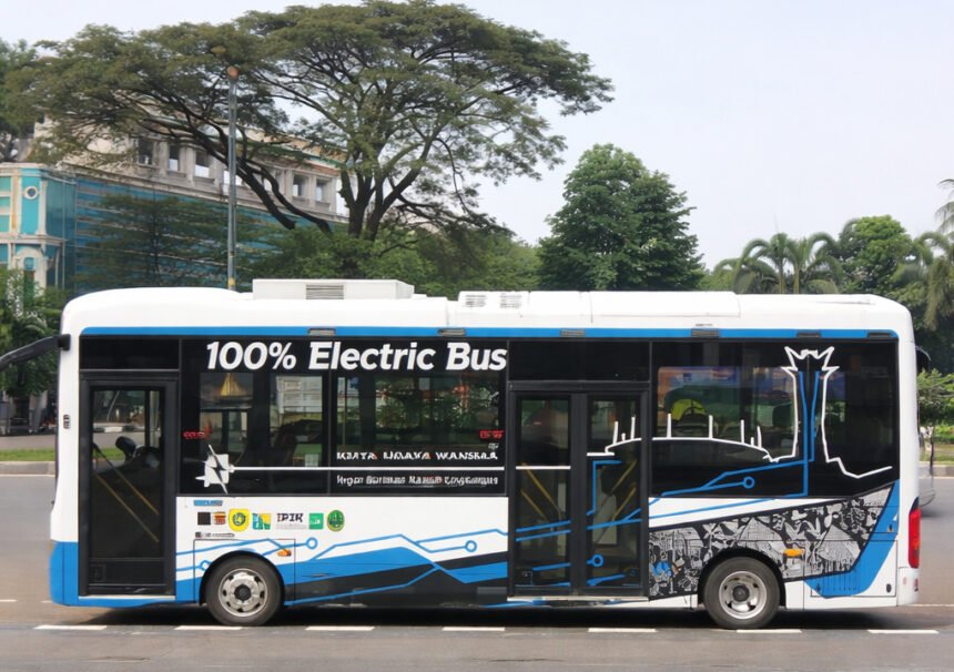 Bus listrik modern berwarna putih dan biru di bogor