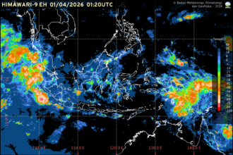 Visualisasi citra satelit prakiraan cuaca Indonesia yang menunjukkan dominasi awan hujan di berbagai wilayah pada 1 April 2026. (Foto: BMKG)