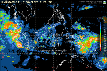 Visualisasi citra satelit prakiraan cuaca Indonesia yang menunjukkan dominasi awan hujan di berbagai wilayah pada 1 April 2026. (Foto: BMKG)