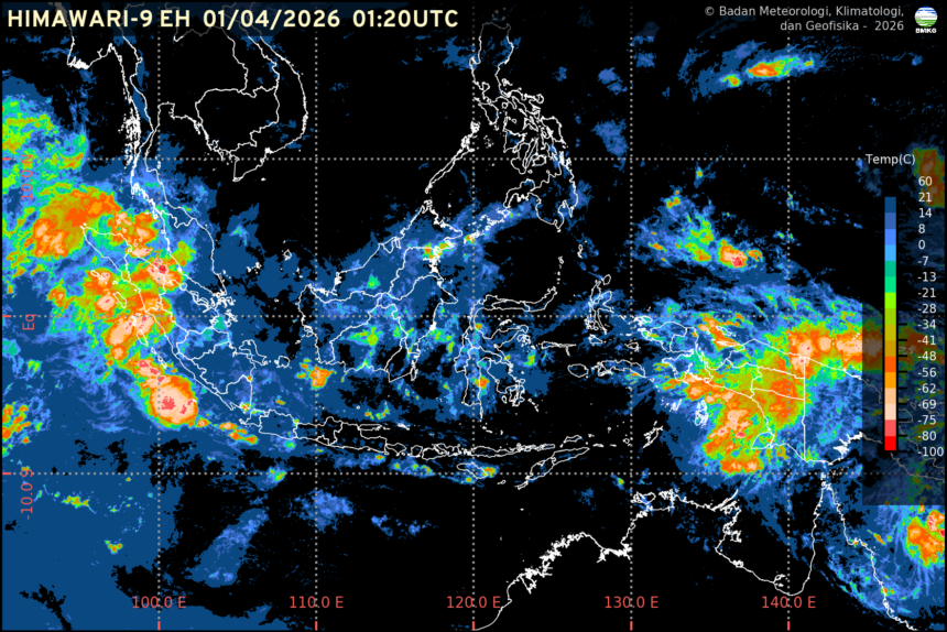 Visualisasi citra satelit prakiraan cuaca Indonesia yang menunjukkan dominasi awan hujan di berbagai wilayah pada 1 April 2026. (Foto: BMKG)