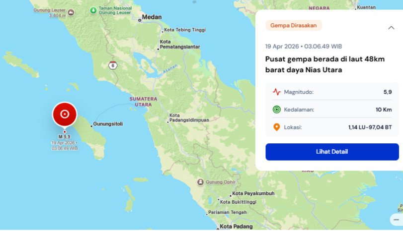 Gempa magnitudo 5,9 mengguncang Nias Utara dini hari dan dirasakan hingga Tapanuli Tengah.