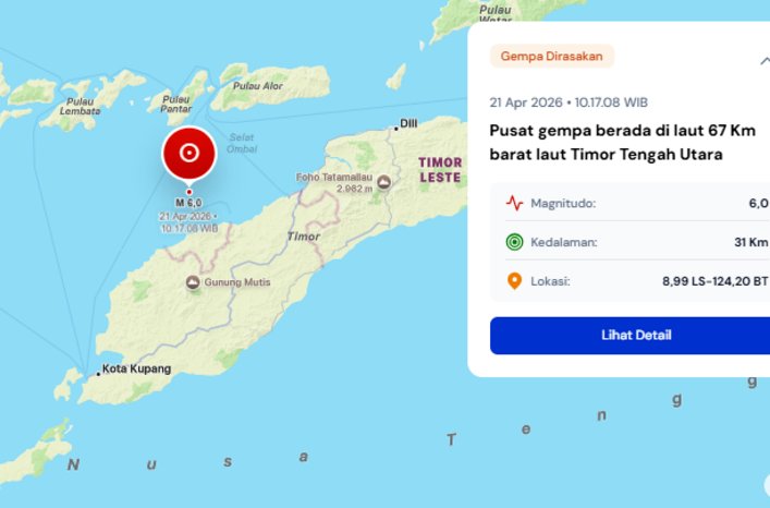 Getaran gempa magnitudo 6,0 mengguncang wilayah NTT dan terasa hingga sejumlah kota besar di sekitarnya.