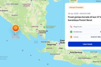 Gempa magnitudo 4,7 mengguncang Pesisir Barat, getaran terasa hingga Liwa pada Minggu pagi.