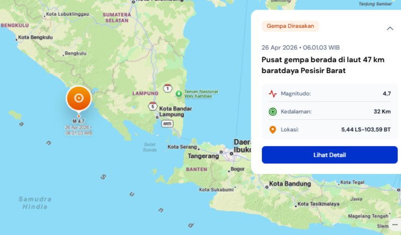 Gempa magnitudo 4,7 mengguncang Pesisir Barat, getaran terasa hingga Liwa pada Minggu pagi.