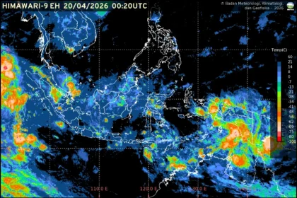 Prakiraan cuaca Indonesia 20 April 2026 menunjukkan dominasi hujan dan potensi petir di sejumlah ibu kota provinsi.
