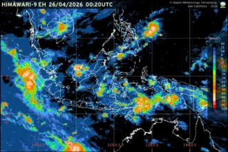 Hujan ringan hingga petir diprediksi melanda sejumlah ibu kota provinsi di Indonesia pada 26 April 2026.