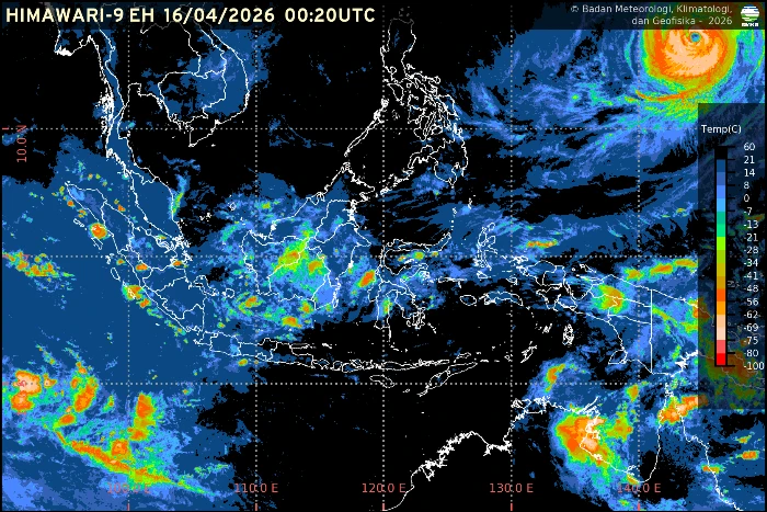 Visual prakiraan cuaca BMKG menunjukkan sebaran awan hujan yang mendominasi wilayah Indonesia pada 16 April 2026.