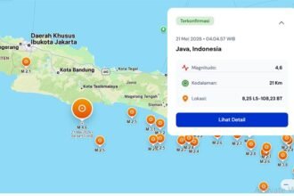 Gempa bumi magnitudo 4,6 mengguncang wilayah selatan Jawa pada Kamis dini hari berdasarkan data real-time BMKG.