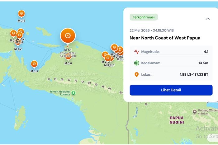Gempa bumi magnitudo 4,1 mengguncang wilayah dekat pantai utara Papua Barat pada Jumat dini hari menurut data real-time BMKG.