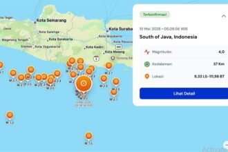 Gempa magnitudo 4,0 mengguncang wilayah selatan Jawa pada Minggu pagi dengan aktivitas seismik yang terpantau berulang dalam waktu singkat.