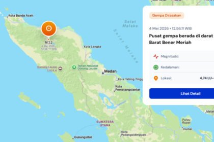 Gempa magnitudo 3,2 mengguncang Bener Meriah, Aceh pada 4 Mei 2026, terasa hingga skala III MMI tanpa laporan kerusakan.