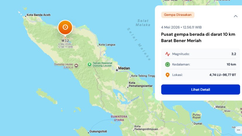 Gempa magnitudo 3,2 mengguncang Bener Meriah, Aceh pada 4 Mei 2026, terasa hingga skala III MMI tanpa laporan kerusakan.
