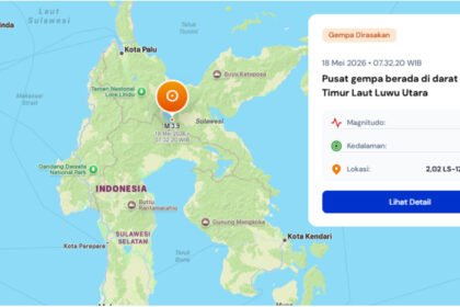 Gempa magnitudo 3,9 mengguncang wilayah Poso dan sekitarnya, berpusat di daratan Luwu Utara dengan kedalaman dangkal.