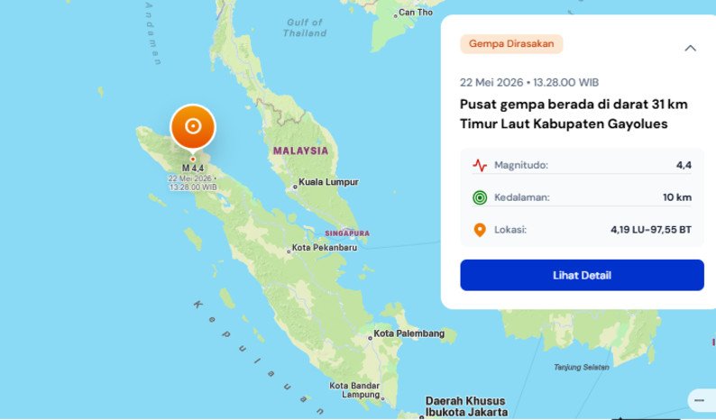 Gempa magnitudo 4,4 mengguncang Gayo Lues, Aceh, Jumat siang, getaran terasa hingga Blangkejeren.