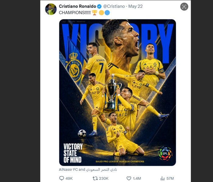 Ronaldo rayakan gelar juara Al Nassr dengan cara unik, tapi malah jadi bahan perdebatan warganet.