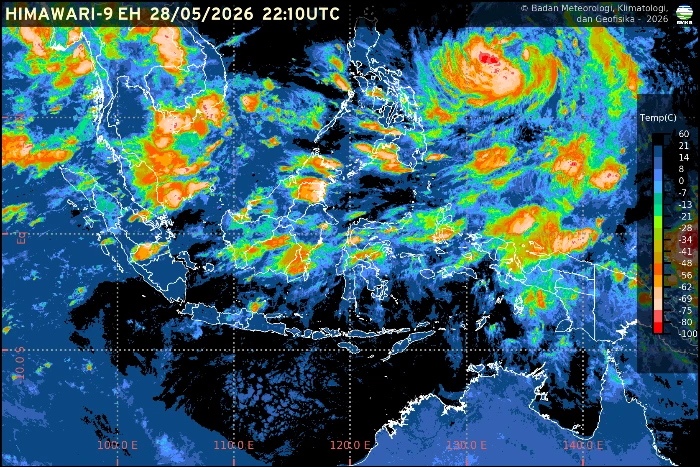 BMKG memprakirakan Siklon Tropis Jangmi yang terbentuk di Laut Filipina utara Papua memicu hujan lebat, petir, dan peningkatan awan hujan di wilayah Indonesia Barat hingga Timur pada Jumat, 29 Mei 2026.