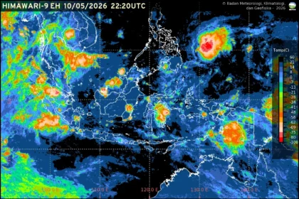 BMKG memperingatkan enam wilayah di Indonesia berpotensi mengalami hujan lebat pada Senin 11 Mei 2026 akibat dampak tidak langsung Siklon Tropis Hagupit yang masih memengaruhi kondisi atmosfer.