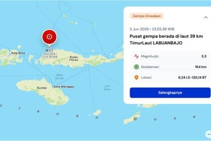 Gempa bumi magnitudo 5,3 mengguncang perairan timur laut Labuan Bajo pada Rabu malam, 3 Juni 2026, dengan kedalaman 164 kilometer.