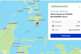 Gempa Magnitudo 5,5 terjadi di perairan barat laut Kepulauan Sangihe, Sulawesi Utara, pada Kamis siang dan dipastikan tidak berpotensi tsunami.