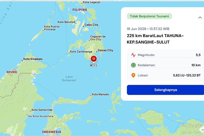 Gempa Magnitudo 5,5 terjadi di perairan barat laut Kepulauan Sangihe, Sulawesi Utara, pada Kamis siang dan dipastikan tidak berpotensi tsunami.