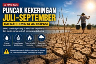 BMKG memprediksi puncak kekeringan terjadi pada Juli-September 2026 dengan peluang El Nino kuat mencapai 98 persen sehingga pemerintah daerah diminta mempercepat mitigasi untuk menghadapi ancaman krisis air, karhutla, gangguan pangan, kesehatan, dan energi.