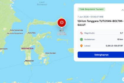 Gempa tektonik berkekuatan magnitudo 5,6 mengguncang perairan Laut Maluku pada Minggu dini hari, 7 Juni 2026, dengan getaran dirasakan di sejumlah wilayah Bolaang Mongondow Raya, Sulawesi Utara.