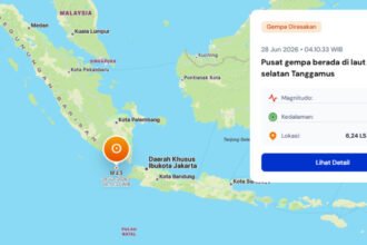 Gempa bumi magnitudo 4,9 mengguncang perairan selatan Tanggamus, Lampung, pada Minggu (28/6/2026) dini hari dan getarannya dirasakan hingga Bandar Lampung.