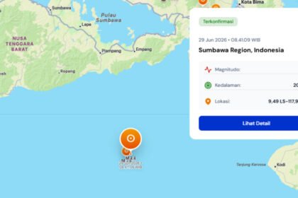 Gempa bumi magnitudo 4,4 mengguncang wilayah Sumbawa pada Senin pagi (29/6/2026) dengan pusat gempa berada di kedalaman 20 kilometer berdasarkan data real-time BMKG.